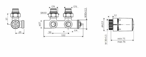 HSK Multiblock Anschluss-Set mit Design Thermostatregler