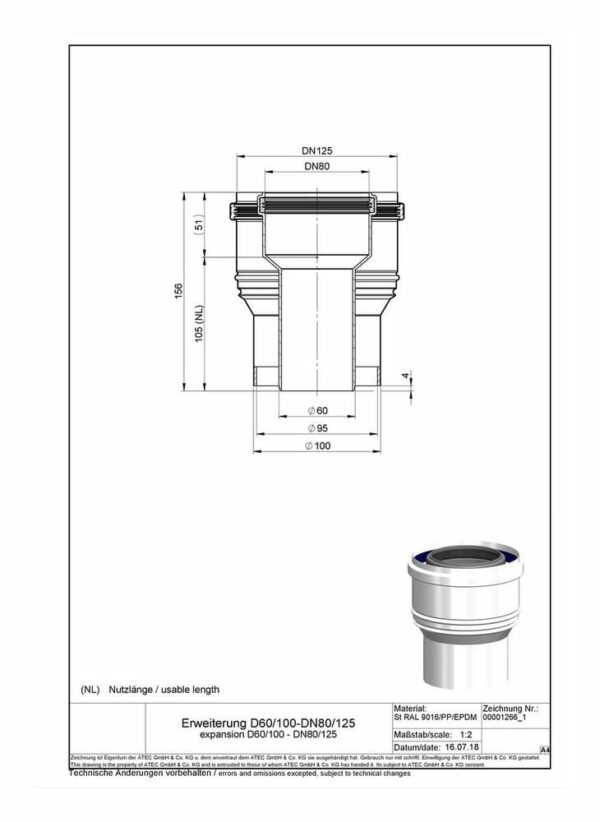 ATEC Abgas Übergang D 60/100 – DN 80/125 Abgasrohr