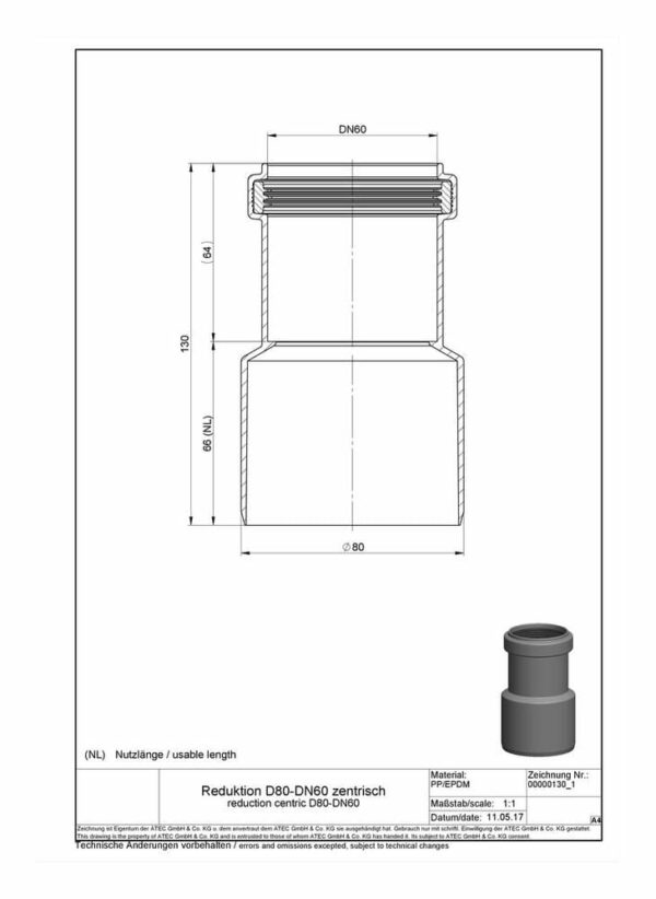 ATEC Abgas Reduktion D80 auf DN60 zentrisch