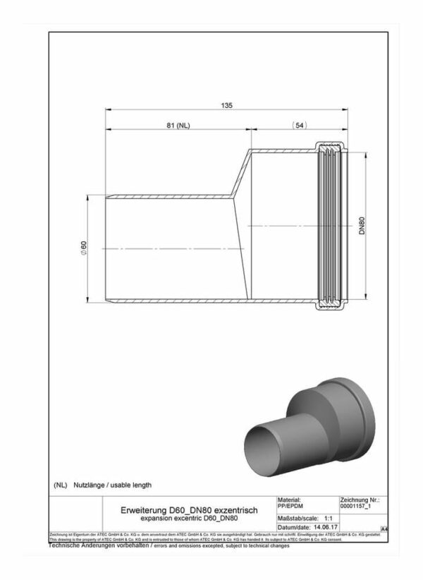 ATEC Abgas Erweiterung D60 DN80 exzentrisch