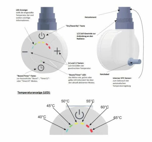 Corpotherma Elektro Heizstab Typ 5 mit analoger Steuerung chrom für Badheizkörper